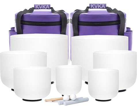 KVKA Lot de 7 bols chantants en cristal de quartz givré 440 Hz pour yoga, méditation, cadeaux de méditation, avec sac de transport et maillet