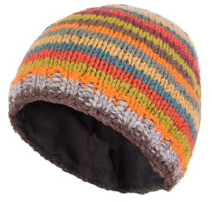 Pachamama kvinnor ullmössa mössa mössa fleece fodrad handstickad rand flerfärgad en storlek handgjord extra varm rättvis handel, Flerfärgad, M