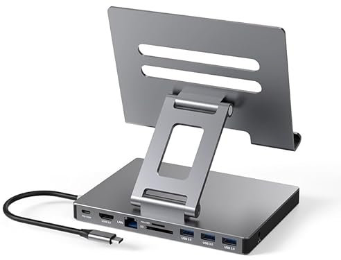 iPad Pro USB C Hub Stand, 9-in-1 Adapter für iPad Pro M4 M2 13 12.9 11 Zoll Docking Station Faltbar mit 4K 60Hz HDMI, RJ45 Gigabit Ethernet, SD/TF Kartenleser, 3 USB 3.0, 3.5mm Audio, iPad Air Zubehör