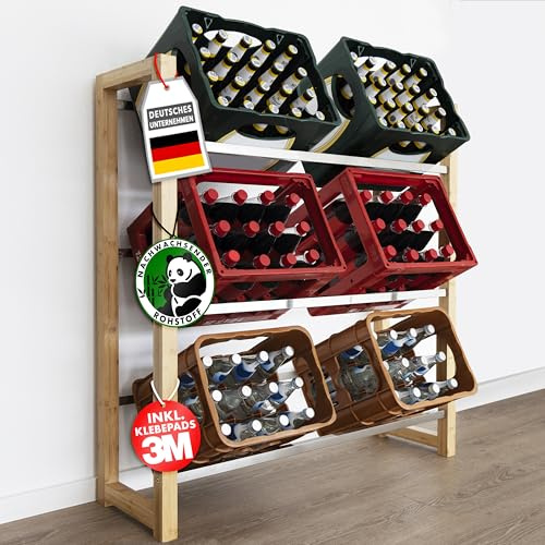 Floordirekt Drinks Crate Rack for 3-6 Crates Made of Bamboo & Steel, Sturdy and Robust Wine Rack, Water Crate Rack, Beer Crate Rack, Crate Stand, Drinks Cabinet, Drinks Rack (Flash) (6 Boxes)
