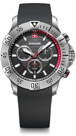 WENGER Herren Armbanduhr Seaforce Chronograph Ø 43 mm, Swiss Made, Analog Quarz, Wasserdicht bis 200 m, Silikon-Armband, Schwarz, 01.0643.122