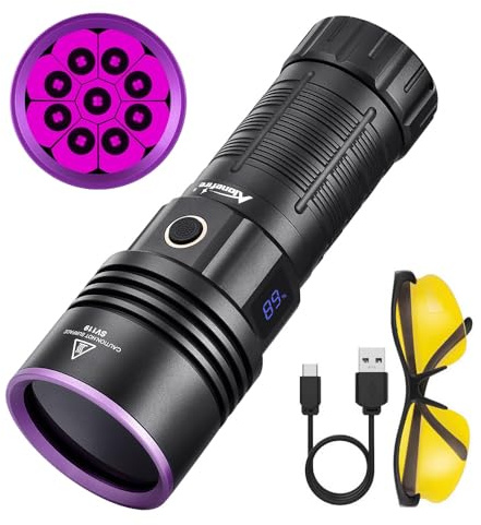 Alonefire SV119 90W Torcia UV LED Potente 365nm USB C Ricaricabile Display Digitale Ultravioletti per Resina, Pesca, Fluoresceina, Rilevatore di Urina, Minerali con Occhiali Protettivi UV, Batteria