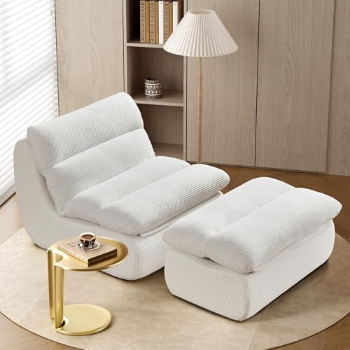okwish Fauteuil Lounge avec Repose-Pieds, Dossier Amovible, Canapé 1 Place avec Coussin, adapté pour Salon, Chambre, Velours côtelé Beige