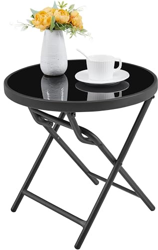 Yaheetech Fällbart, runt sidobord, ø 46 cm av glas och metall, trädgårdsbord, soffbord, balkongbord, väderbeständigt, lättvårdat för balkong, trädgård, terrass