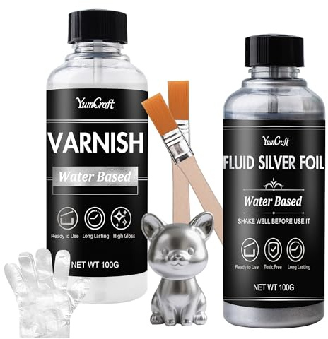 Liquid Silver Leaf Paint, Water-Based Silver Liquid Gilding 100ml and Gloss Varnish 100ml, Shiny Quick Dry Acrylic Paint Metallic for Arts Painting, Ideal for Craft Canva Fabric, Non Fading and Toxic