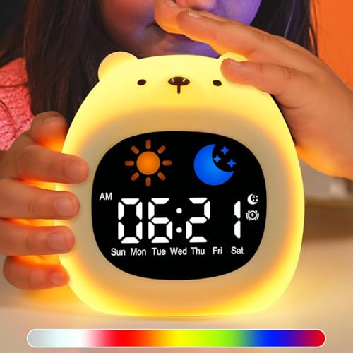 Réveil Pour Enfant Educatif Réveil D’apprentissage Au Sommeil Avec Affichage De La Lune Et Du Soleil, Avec Veilleuse RGB Couleurs Pour Fille Garçon (Ours)