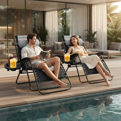 Alivio Set of 2 Padded Gravity Chairs Sunloungers, Adjustable Reclining Chair, Garden Outdoor Relaxer Chairs Sun Loungers, Heavy Duty Folding Chair with Mobile Cup Holder (Black, Pack of 2)