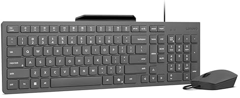 Lenovo 310 USB-A Combo tastiera e mouse con cavo (Sensore ottico rosso, 2000 dpi, 3 pulsanti, Scroll, tastiera resistente agli spruzzi, supporto per cellulare, USB-A) QWERTY spagnolo - grigio