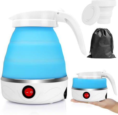 LOMUG Bouilloire Pliable en Silicone 600 ML Petite Bouilloire électrique Portable de Camping Kettle Mini Bouilloire de Voyage avec 2 Gobelets Pliables pour Camping Voyage Extérieur (Bleu)