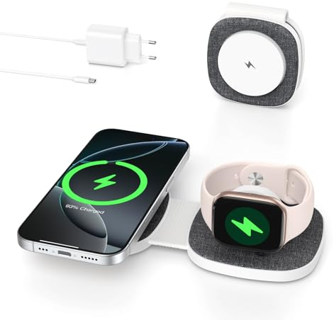 Faltbar 2 in 1 Ladestation für Apple Watch und iPhone für MagSafe iPhone 17e/Air/17/16/15/14/13/12 Series, für Apple Watch Series 11/10/9/8/7/6/5/4/3/2/SE/Ultra, für AirPods