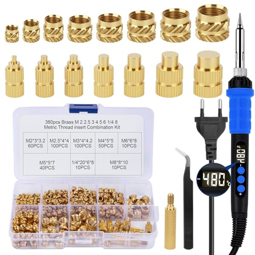 Set di 390 inserti filettati, 90 W, LED temperatura regolabile, saldatore con 380 inserti filettati M2/M3/M4/M5/M6/M8, punte per saldatura per stampa 3D, goffratura, intaglio