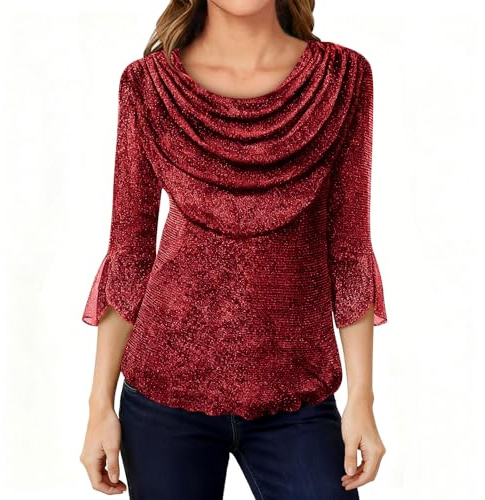 Ladies Sparkly Evening Tops, Women's Sequin Tops Going Out Wrap Neck Sparkling Shiny 3/4 Sleeve Blouses Shimmer Glitter Shirts Elegant Mesh Top Dressy Tunic Wedding Party Cocktail T-Shirt Wine