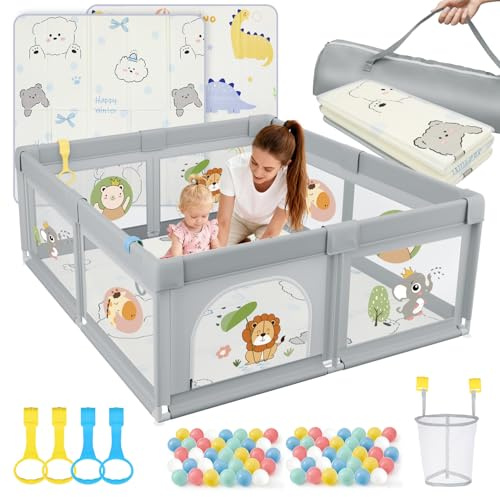 SOFTHOM Parque Infantil Bebe 120x120 con Alfombra, Corralito Bebe con 360° Malla Transpirable+Tela Oxford+Base Antideslizante+60 bolas+ 4 agarraderas+Canasta de Juego+Bolsas de Transporte, León gris