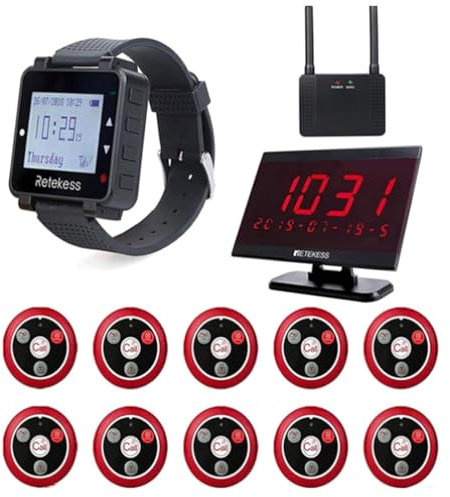 Retekess T128-T117 Buscapersonas Restaurante, Sistema de Llamada, 1 Localizador de Reloj, 1 Receptor de Pantalla, 10 Botones de Llamada y 1 Amplificador de Señal, para Restaurante Hotel Bar