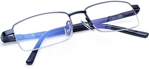 Madison Avenue Halber Rahmen Lesebrille Herren, Metall Blaulichtfilter Brille Herren, Rechteck Leser mit Federscharniere,blau +2.00 dioptrien
