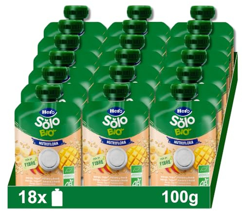 Hero Solo - Bolsitas Ecológicas de Mango, Platáno, Yogur y Avena, Ricas en fibra, Sin Conservantes, Aditivos, Aceite de Palma ni Azúcares Añadidos, A Partir de los 6 Meses - Pack de 18 x 100 g