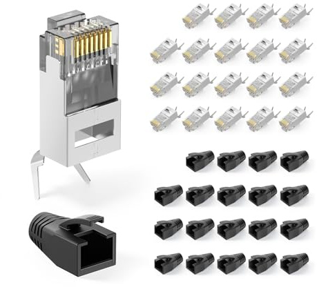 VCELINK RJ45-kontakt Cat 7 Cat6A skärmad nätverkskontakt 8P8C Pass Through Lan-kontakt POE för installationskabel med gängningshjälp och knäckskydd, svart, 20 st | 8P8C CAT7/CAT6A POE 8P8C skärmade RJ45-kontakter med laststång och slitstarka stövlar