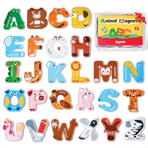 JoyCat Wooden Thick Alphabet Magnets for Toddlers Fridge Large Size Cute Animal Colorful ABC Magnetic Letters 26 Uppercase Letters Educational Toy Set for Kids Toddlers Preschool Learning Spelling
