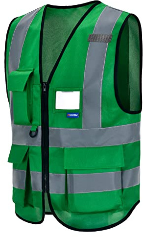 AYKRM 21 Färger Hög Vis-Väst Med Dragkedja Fram - Hög Synlighet, Verkställande Väst Med Telefon Och ID-Fickor, Grön, 3XL