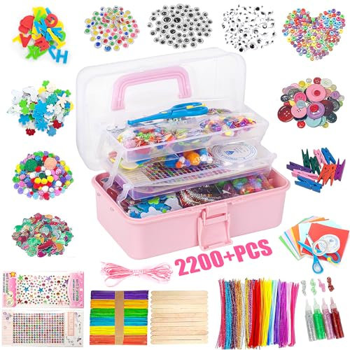 Hantverksset för barn, 2200 st gör-det-själv pyssel barn pysselartiklar, pysselset för barn pysselfodral, pysseltillbehör barn piprensare, pinnglass pompons, pärlor, scrapbooking