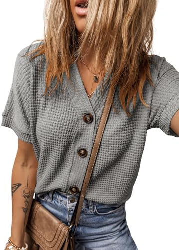Dokotoo Women Casual V Neck Green Shirts Short Sleeve Blouses Lightweight Solid Basic Cropped Cardigan Waffle Knit Shacket Jacket Loose Fit Tunic Tops Large
