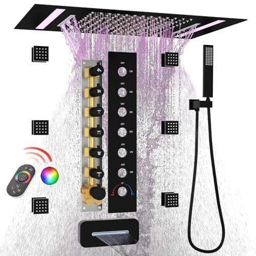 HOMEDEC LED Multi Functions Full Body Shower System with 6pcs Body Jets Spray with（Up/Down ）Shower Spout, Large 3 In 1 Functions 14x20inch Showerhead, Rainfall Mist Shower Faucet Set Complete, Black