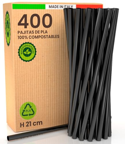 400 Pajitas 100% Ecológicas, Rigidas y Reutilizables - Cañitas 21cm x 6mm, Made in Italy, Biodegradables y Compostables - Ideales para Bebidas, Cócteles, Eventos y Fiestas - Color Negro