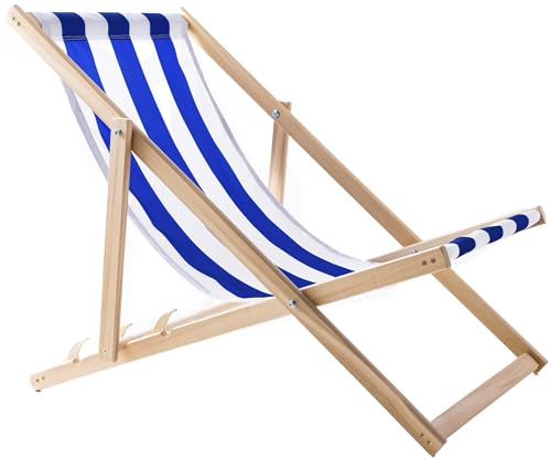 WOODOK Liegestuhl Klappbar Holz - Strandstuhl aus Buchenholz bis 120kg, ohne Armlehne - 3-Stufige Rückenlehnenverstellung (Blau/Weiß)