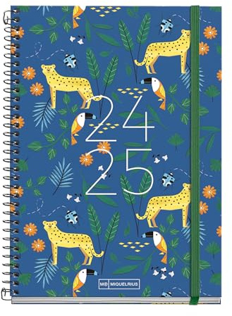 Miquelrius - Agenda Escolar 2024-2025, Septiembre 24 a Junio 25, 155 x 215 mm, Agenda Día Página, Cubierta Cartón Forrado, Agenda 2024 2025, Espiral Metálico Negro, Español e Inglés, Selva