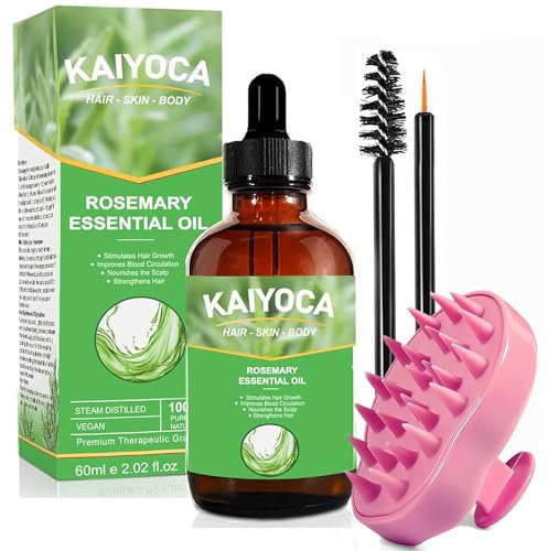 Olio al rosmarino per la crescita dei capelli - con massaggiatore del cuoio capelluto, puro biologico per sopracciglia e ciglia, nutre il cuoio capelluto, stimola la crescita dei capelli, 60 ml