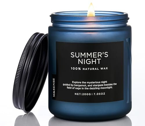 M&SENSE Summers Night Organic Soy Scented Candles Gifts for Women & Men Non Toxic 200g 50H Burn Time Candles for Home Decor Small Jar Clear Burning Candle for Summer Evening Relaxation Stress Relief