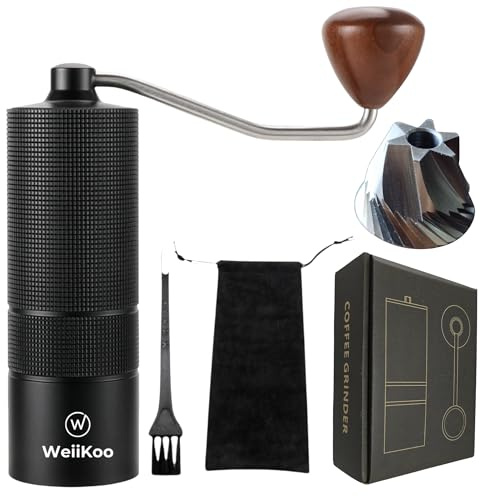 WEIIKOO - Molinillo Café Manual Profesional 25 g Capacidad - Muelas Cónicas Hexagonales de Acero Inoxidable - Aluminio Anodizado y Nogal - Ideal para Espresso, Prensa Francesa y otros Métodos de Café