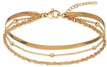 Amberta Silver Gold Waterproof Ankle Bracelets for Women | Boho Layered Anklets for Women | Summer Jewellery, Adjustable Ankle Chain Beaded Rope Heart: Gold Multilayer Snake Beads Link