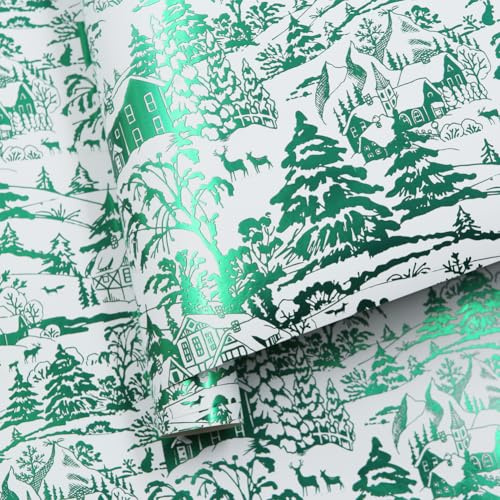 Rouleau de papier cadeau de Noël, 1 rouleau de papier cadeau de Noël, 43 x 300 cm, vert avec cabane enneigée, papier cadeau de Noël festif
