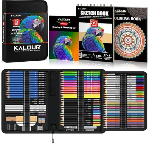 KALOUR PDAS Juego de Dibujo de 112 Piezas Kit de Bocetos, Suministros de Arte Profesional con Cuaderno de Bocetos de 3 Colores y Libro para Colorear, Neón, Coloreados, Acuarela, Metálico, Grafito
