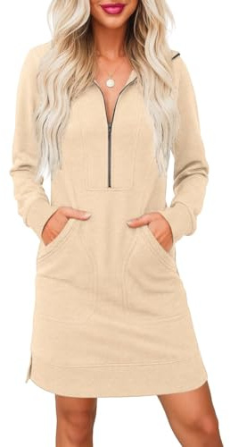 PrinStory Vestido tipo jersey para mujer UK manga larga media cremallera cuello en V vestido sudadera con bolsillos laterales, beige, L