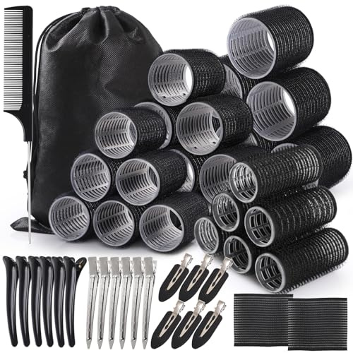 WD&CD Juego de 45 Rulos Pelo Autoadhesivas, Rulos para el Pelo Volumen 4 Tamaños (55/45/36/25mm), con 1 Peine, Hair Rollers con 18 Clips, 2 Pegatina de Flequillo, Negro
