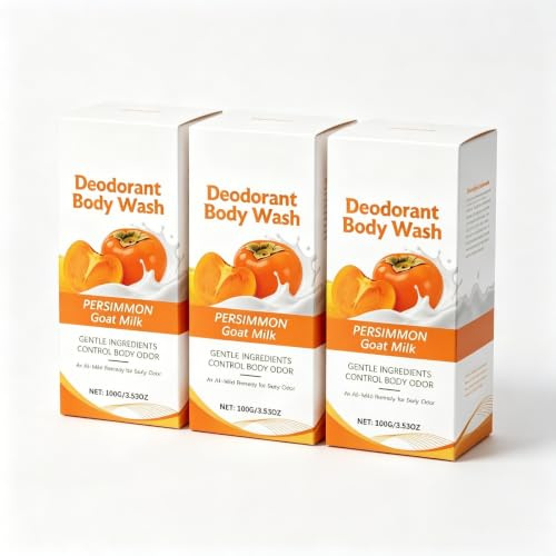 Gel Douche Déodorant au Kaki et Lait de Chèvre, Formule Douce Contrôle les Mauvaises Odeurs Corporelles, Nettoyage En Douceur, Hydratation Peau, Soin Bain Quotidien Tous Types de Peau, 100g
