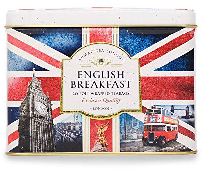 Ahmad Tea Black Tea, Nostalgic Britain Metal Caddy, English Breakfast Tea, 20 foil teabags - Caffeinated & Sugar-Free