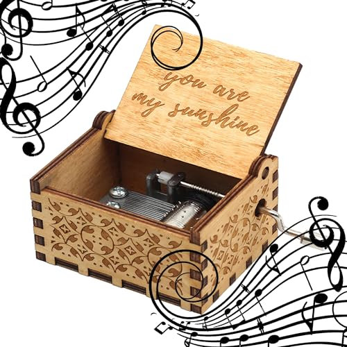 MINGZE Wooden Music Box - Hand Crank Musical Box, A variety of styles Hand Engraved Wooden Music Box, for Home Decoration Crafts Birthday Gift (you are My Sunshine)