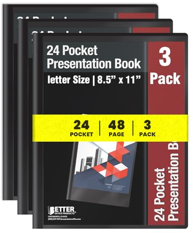 Better Office Products 24 Pocket Bound Sheet Protector Presentation Book, 3 Pack, Clear View Front, 48 Page Capacity, Art Portfolio, Durable Black Poly Front and Back Covers, Letter Size