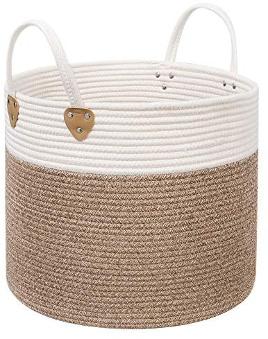 SONGMICS Baumwollseilkorb, Griffen, Wäschekorb aus Baumwolle, 50 L, für Spielzeug, Kleidung, Decken, Braun-Beige, 40 x 40 x 35 cm LCB441N01