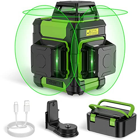 Huepar 3D Nivel Láser de Línea Cruzada Autonivelante 3 x 360 Green Beam Herramienta de Nivelación y Alineación de Tres Planos, Batería Recargable de Litio, Cable Type-C y Estuche Rígido- HM03CG