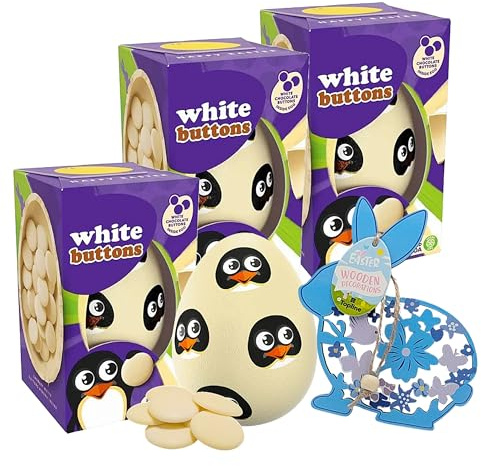 Easter Eggs Chocolate Bulk for Egg Hunt - Pack of 3 x 98g White Buttons Chocolate Egg with Topline Wooden Decoration. Great for Kids Easter Gifts, Hampers