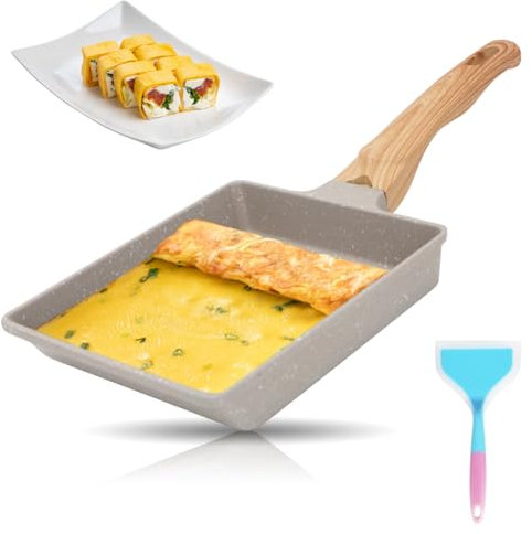 RANJIMA Tamagoyaki - Sartén Omlette Rectangular Japonesa con Mango de Madera Aislante, Aluminio Sartén para Tortillas Antiadherente para Inducción y Cocina de Gas, 19 x 16 cm, Blanco