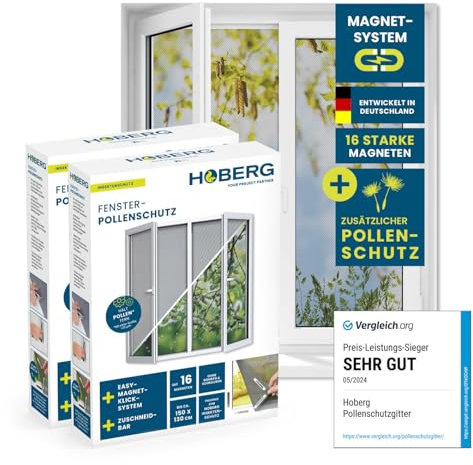 Hoberg Protection Anti-Pollen pour fenêtres avec Fixation magnétique innovante | Jusqu'à 150 x 130 cm découpable Individuellement, Pas de perçage ni de vissage | Fixation avec 16 aimants [2 Pièces]