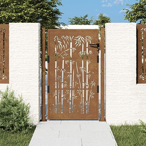 Gecheer Cancello da Giardino,Porta da Giardino,Cancello per Recinzione,Cancello da Esterno,Cancello Singolo,Cancello in Acciaio,con Serratura,105x155 cm in Acciaio Corten Design bambù