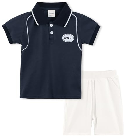 Volunboy 2-delat set med babykläder, sommarkläder, outfit, kortärmad pikétröja, topp + shorts, klädset för pojkar, Marinblå, 5-6 År