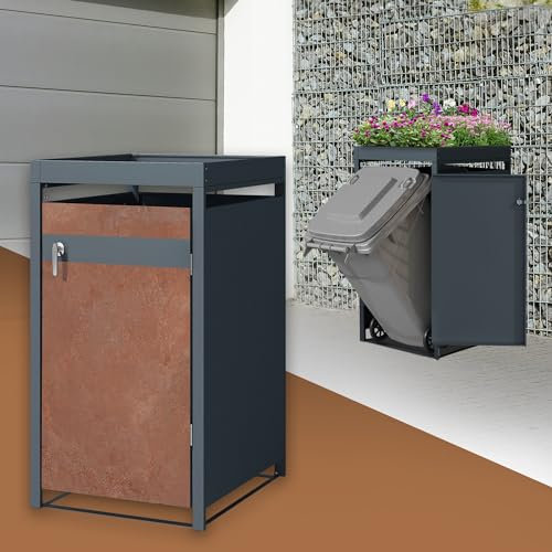 ML-Design Box pour 1 Poubelle avec Toit Végétal, jusqu'à 240L, 68x80x124 cm, en Acier, Anthracite/Aspect Rouillé, Résistant aux Intempéries, Habillage de Poubelle Verrouillable, Conteneur Abri Hangar