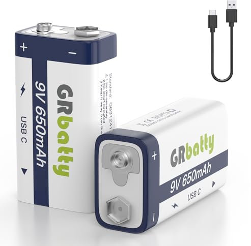 GRbatty Pilas Recargables de 9 V，650mAh Baterías de Litio Recargables de 9V con Cable de Carga USB-C, para Detectores de Humo, Micrófonos, Walkie-talkies y más Paquete de 2
